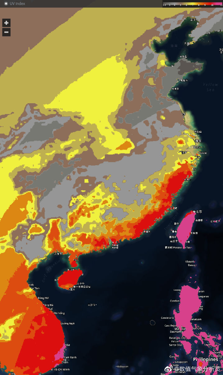 随着强大的副热带高压北抬,今天华南大部阳光强烈,紫外线指数增强
