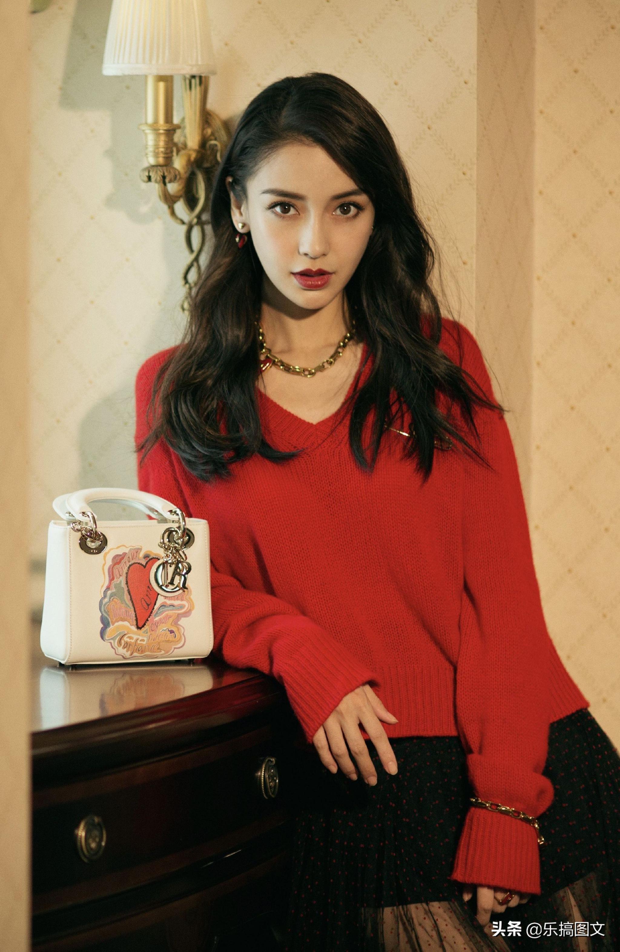 angelababy杨颖红色毛衣黑纱长裙女人味十足