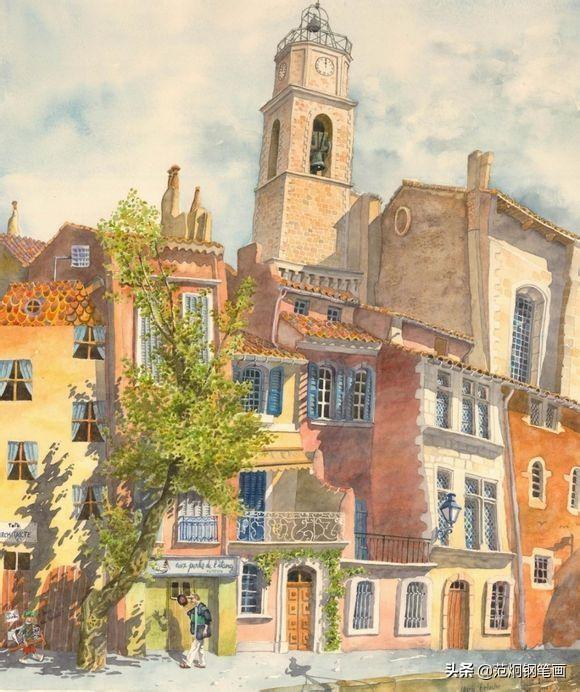 欧洲风格的水彩画风景建筑表现,色彩和题材大不同,都是生活气息