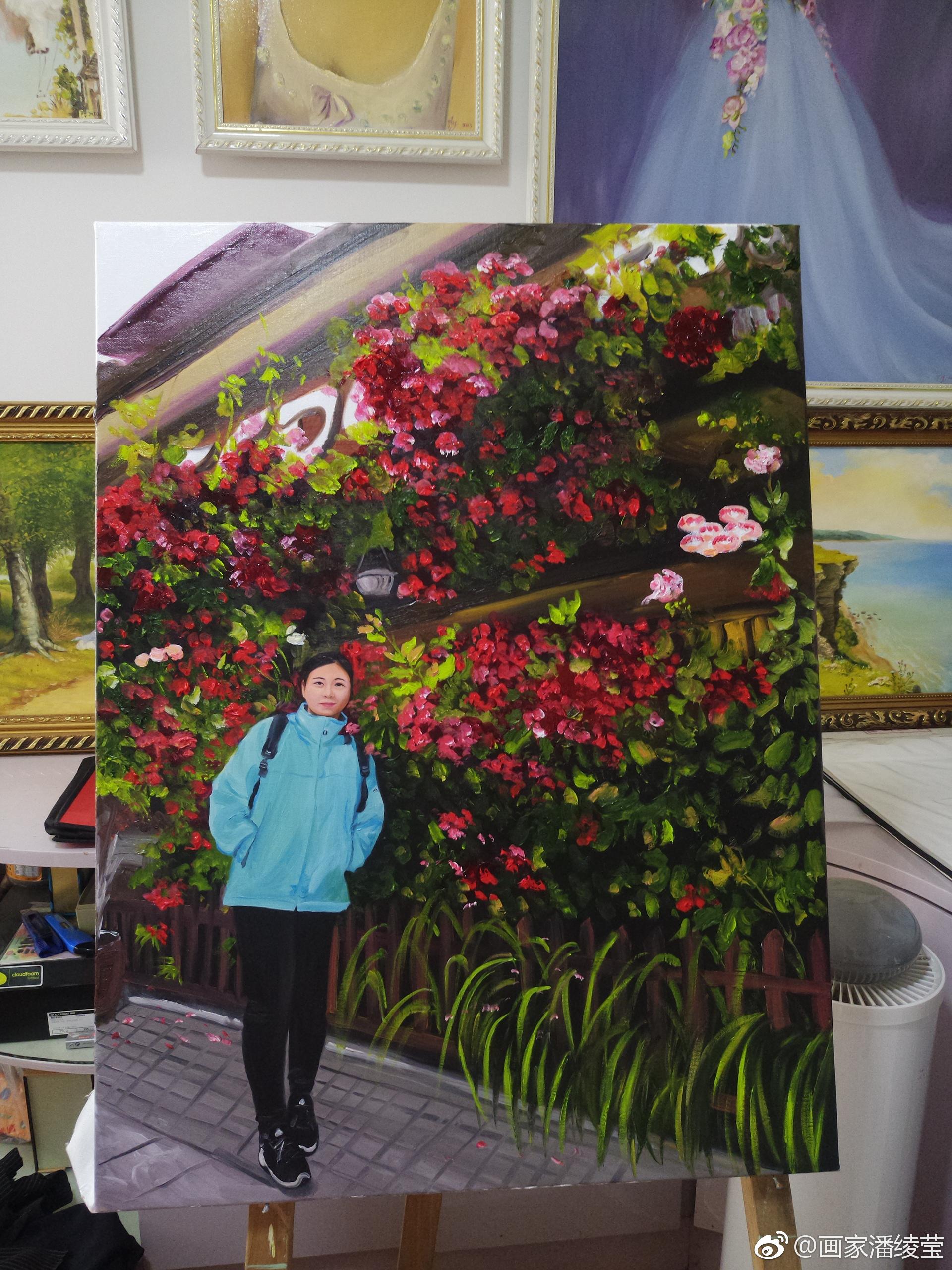 花丛中的美女油画