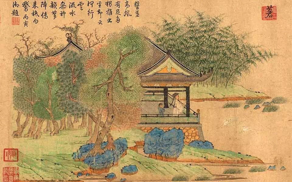 赏古画春游曲0202唐王涯万树江边杏新开一夜风满园深浅色