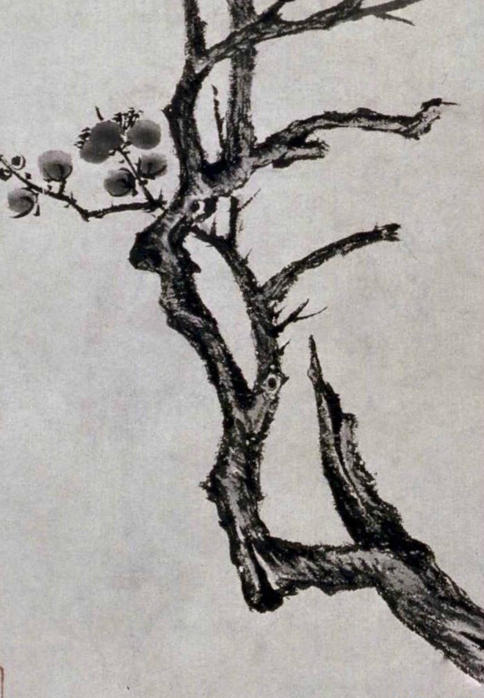 明唐寅墨梅图轴此幅以枯笔焦墨画梅花枝干皴擦纹理