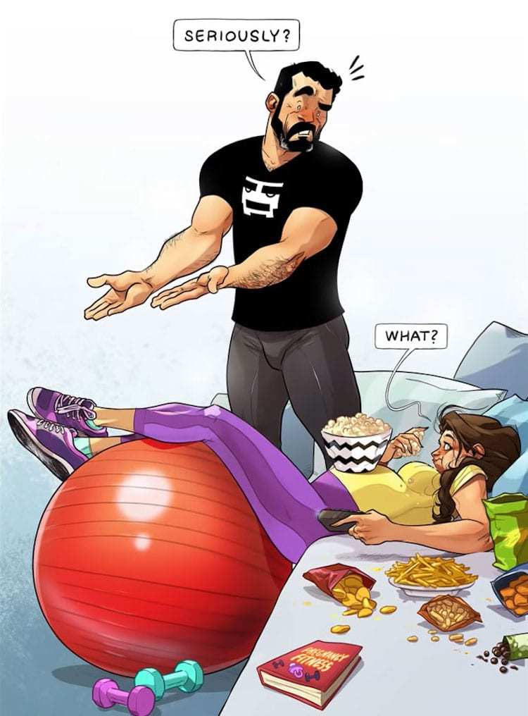 以色列插画家yehudadevir展示了他妻子怀孕的有趣和温馨的日常时刻