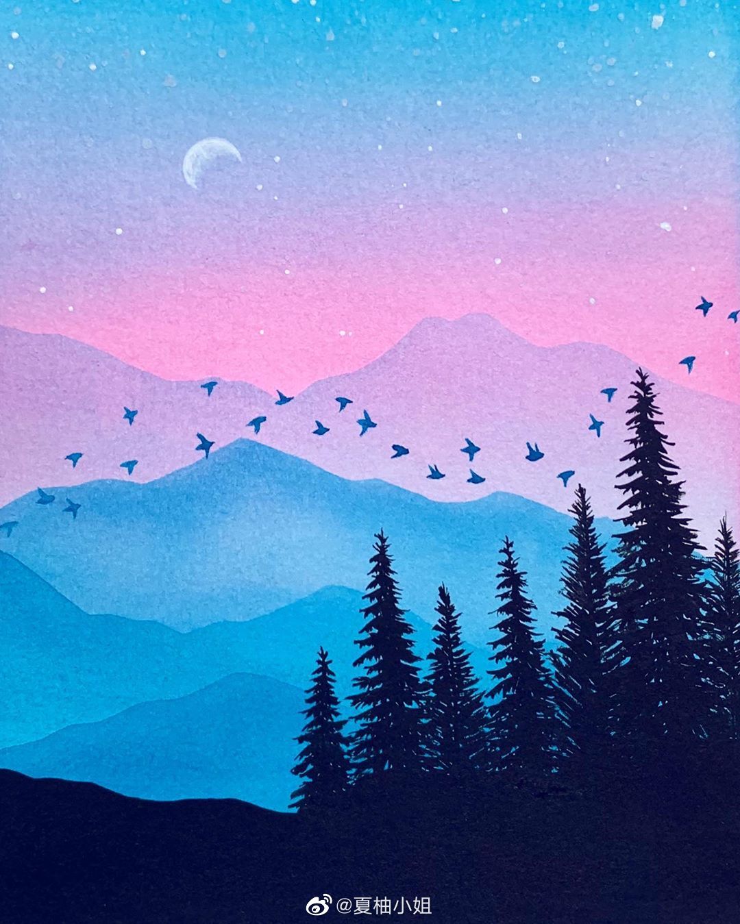 梦幻夜空主题水彩画超美腻