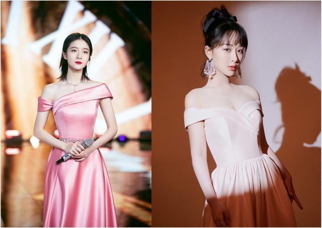 同穿粉色露肩长裙,杨紫绑蝴蝶结甜美十足,张雪迎锁骨发优雅大气