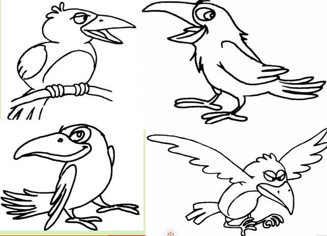 作品要求:展示乌鸦和狐狸的画法,激发孩子们对二者的印象,由孩子自主