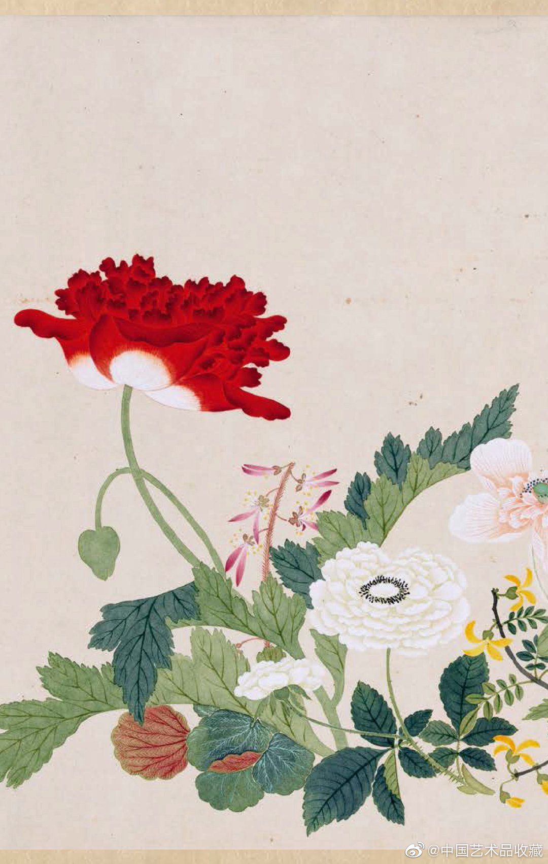 在钱维城的此图卷中,一如其画卷的题目"万有",他以折枝的方法将生长