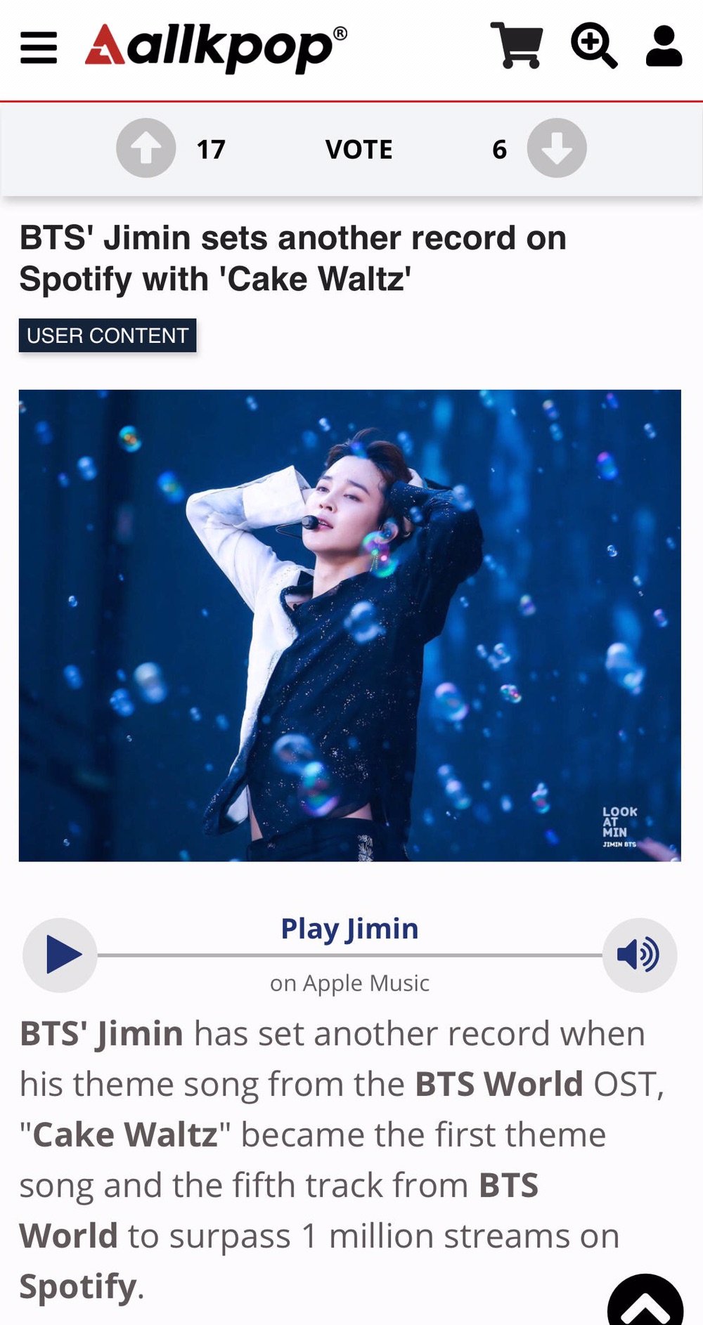 防弹少年团朴智旻个人主题曲 Cake Waltz 在spotify创造新纪录