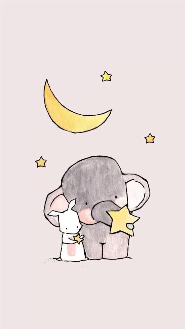每日手机壁纸头像之卡通插画,大象与兔子的有爱互动,太温馨了