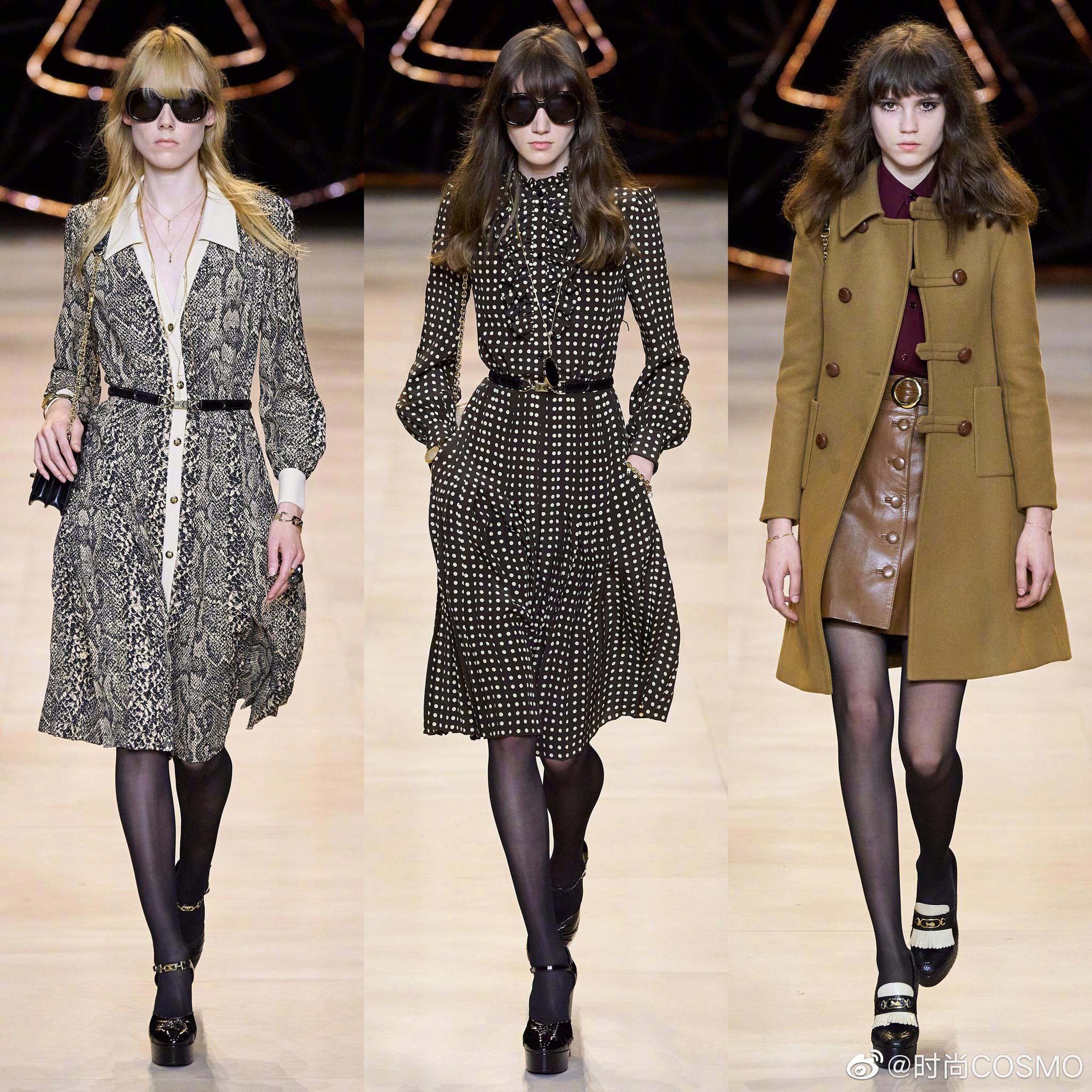 celine 2020秋冬系列衬衫裙翻领被蛇纹打破沉闷