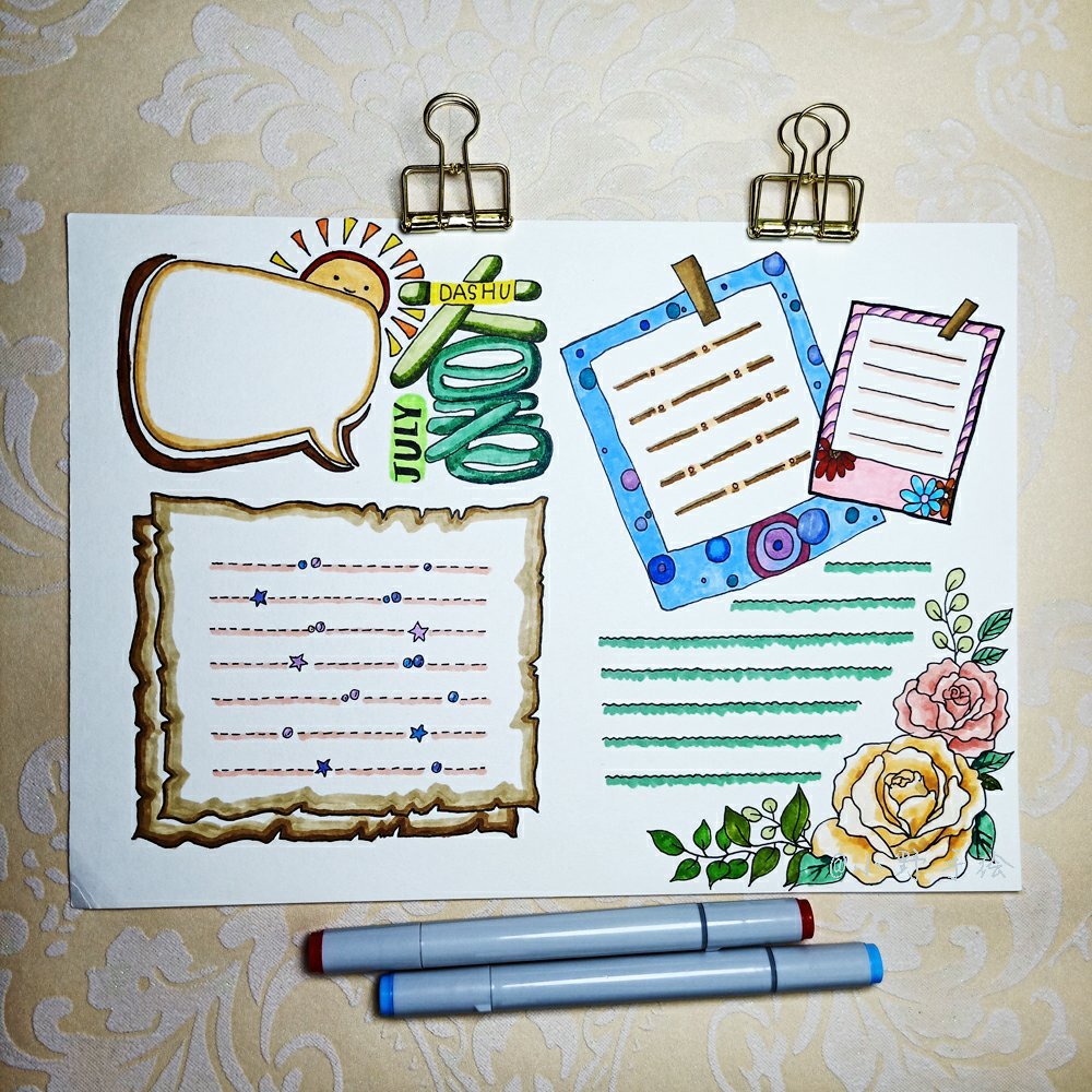 夏天来了再来一组小清新手帐手抄报黑板报排版设计小野手绘