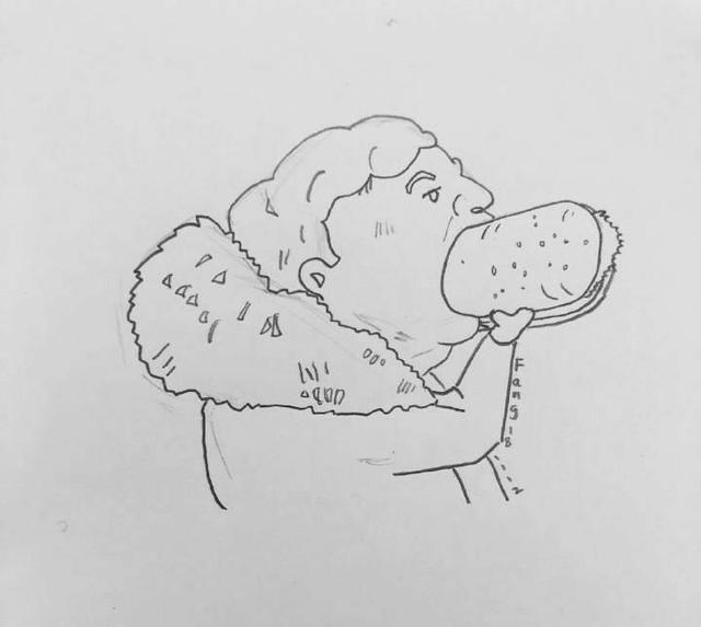 第二个,素描行业,王思聪吃热狗的照片被美术生盯上,及时画了王思聪吃