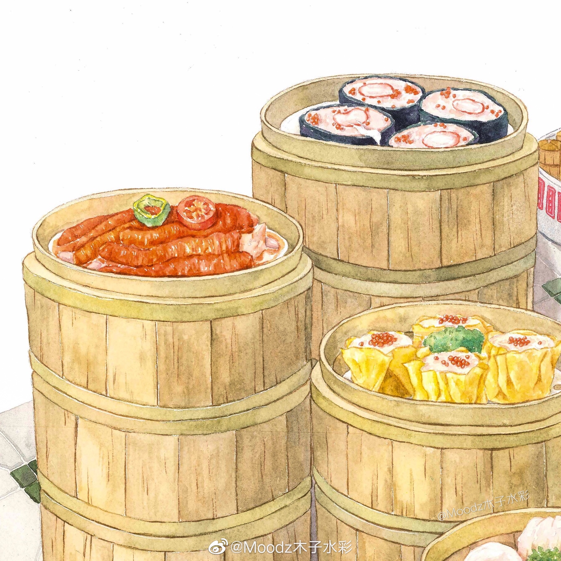 作者moodz木子水彩广式点心怀旧早餐车