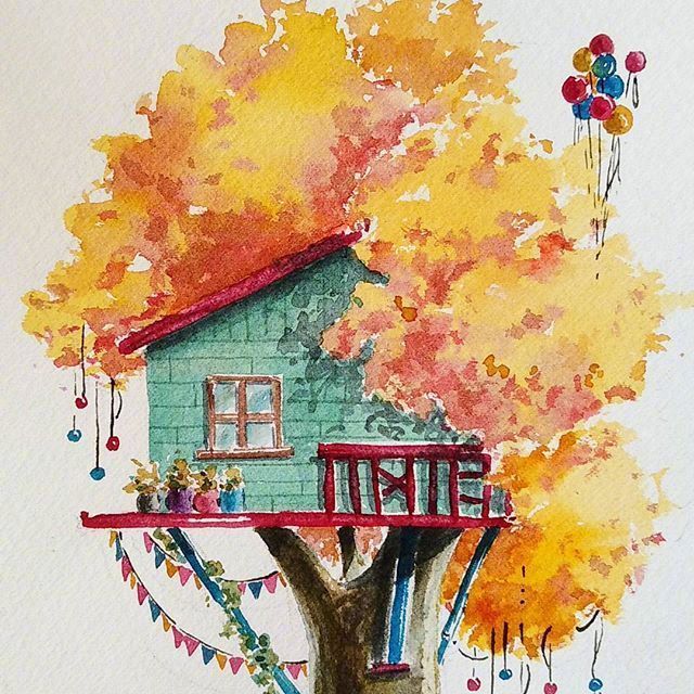水彩树屋,好想有这样的房子
