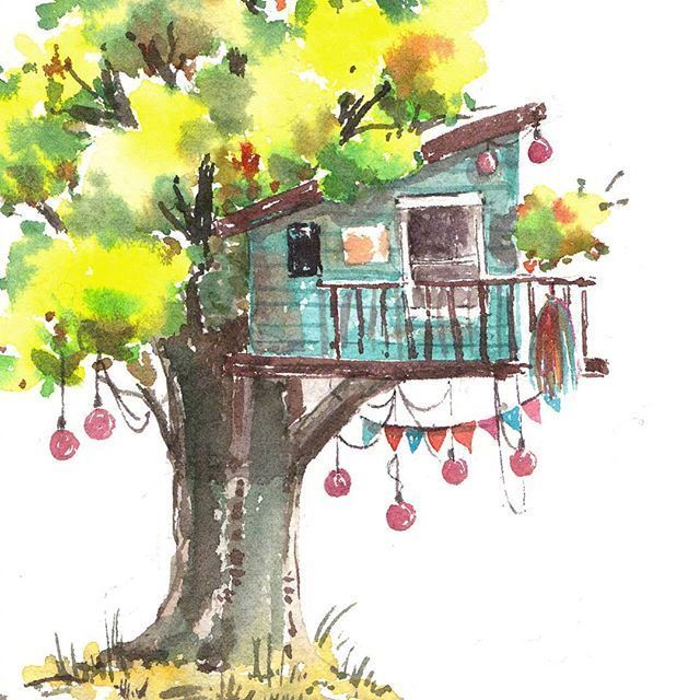 水彩树屋,好想有这样的房子