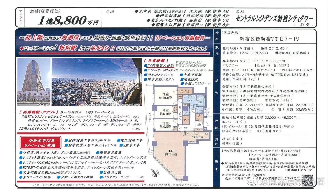 新宿地标型塔楼 所在31层 东京夜景尽收眼底 面积126 新宿地标型塔楼 所在31层 东京夜景尽收眼底 面积126