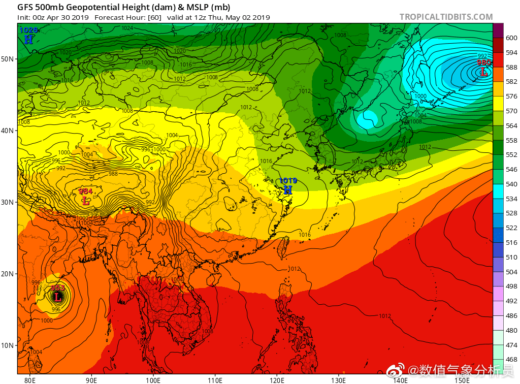根据gfs数值天气模型,明天,随着低槽引导槽后冷空气深度南下后