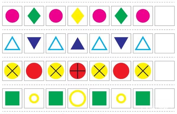 玩法:找到每行的规律,在空格处画出应该填入的图案吧.