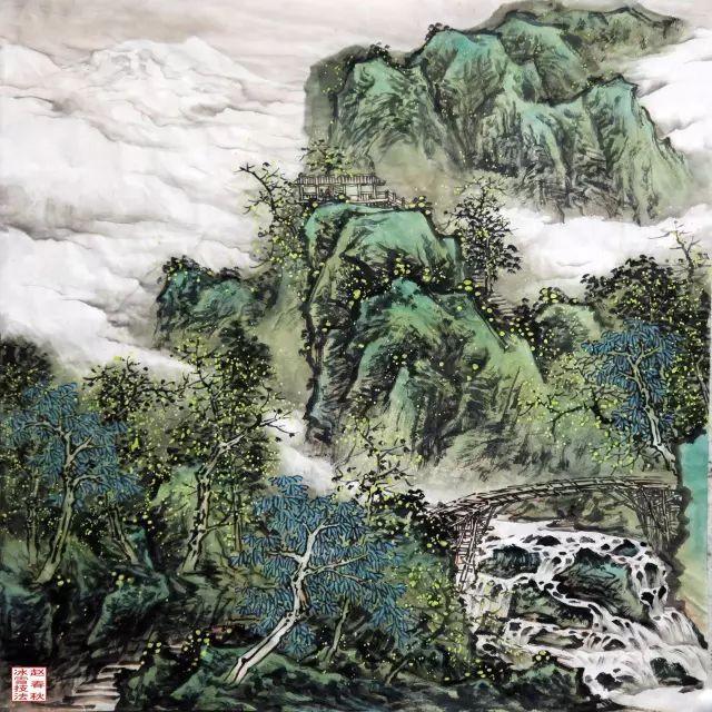 赵春秋小青绿山水溪亭闲话