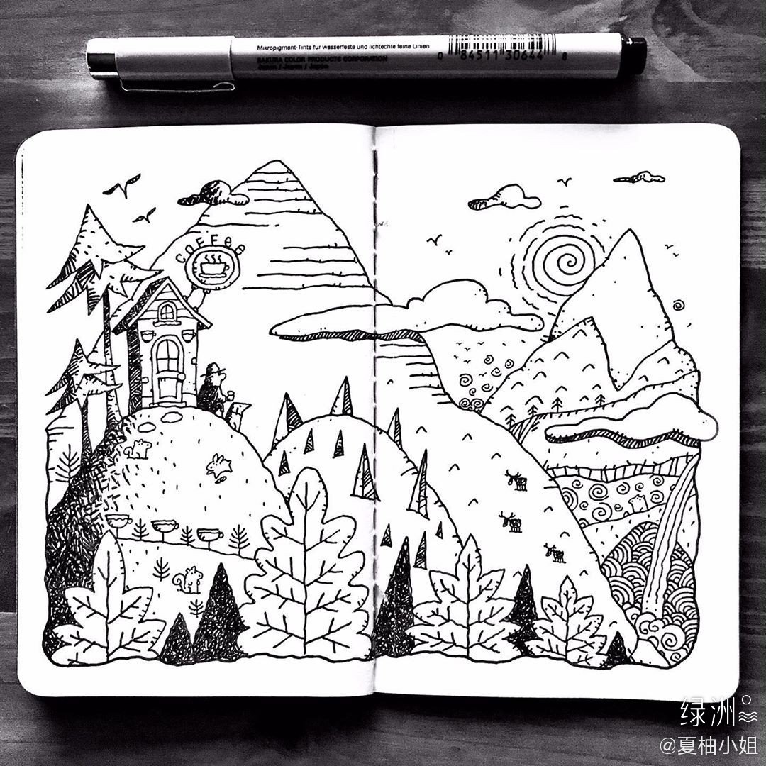 dave garbot笔下的黑白风景插画,好治愈