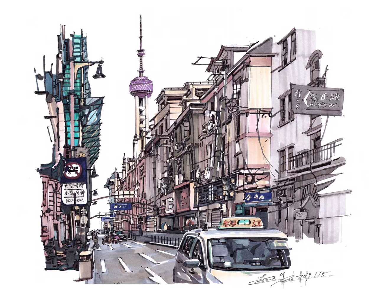 马克笔原创手绘系列上海印象作者赵航马克笔