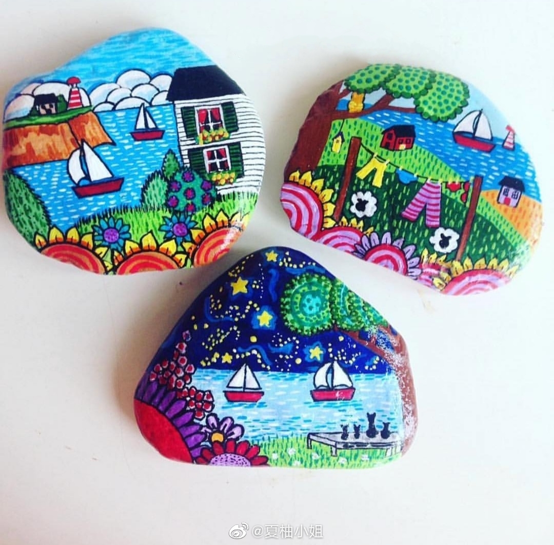 各种各样的房子石头画创意满满