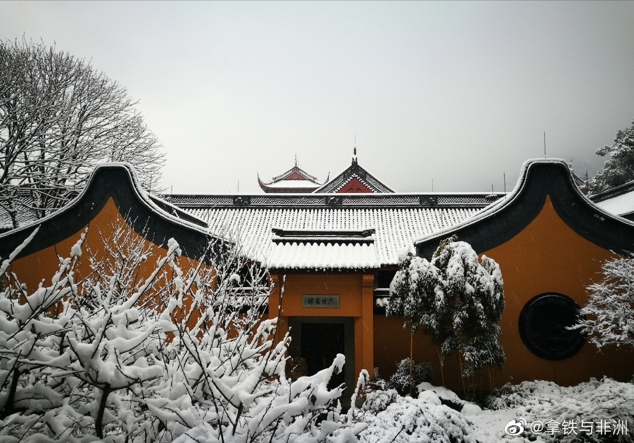 大雪纷飞过后的灵隐寺,整体景色,美如仙境,白茫茫的一片雪景,覆盖