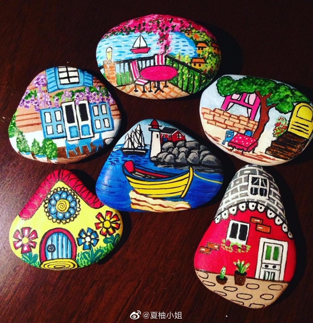 各种各样的房子石头画创意满满