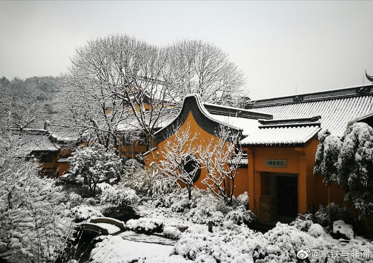 大雪纷飞过后的灵隐寺,整体景色,美如仙境,白茫茫的一片雪景,覆盖