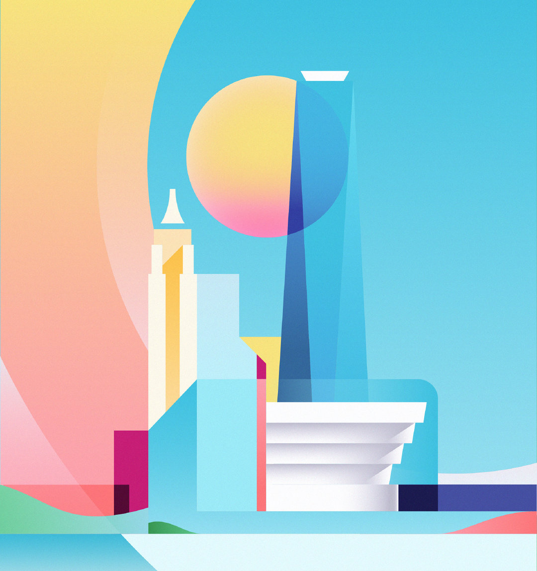 ray oranges用几何图形堆叠出的抽象风插画真是别有风情~配色也炒鸡舒