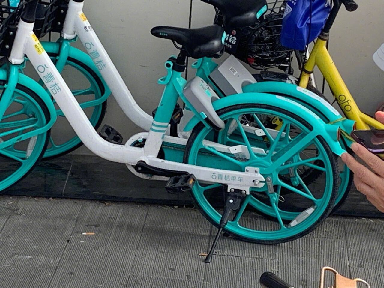 网友爆料赵登禹路庆丰包子铺用带子把共享单车青桔拴上不锁