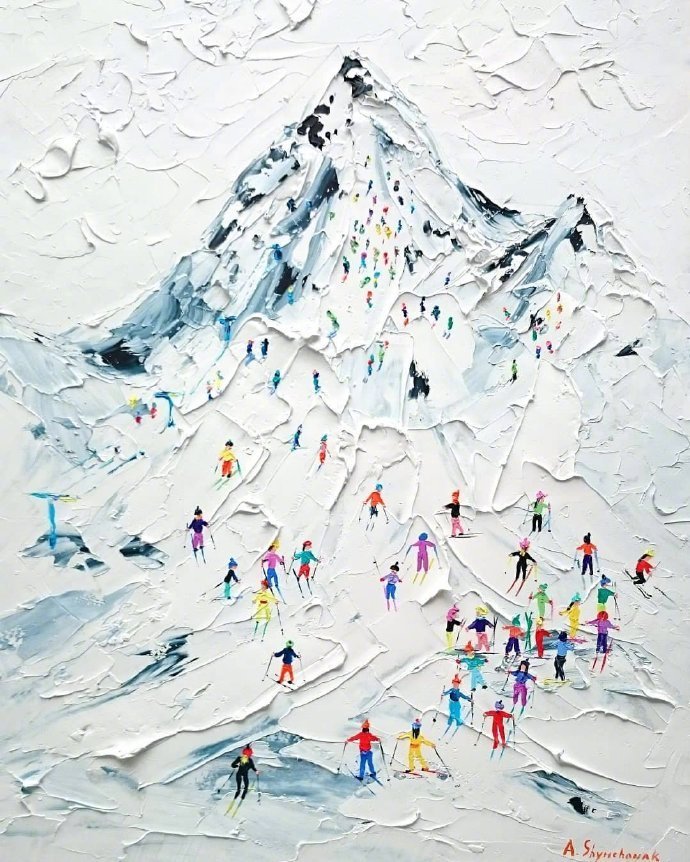 "冬日中人头攒动的滑雪场" 油画作品欣赏! by-alenashymchonakart