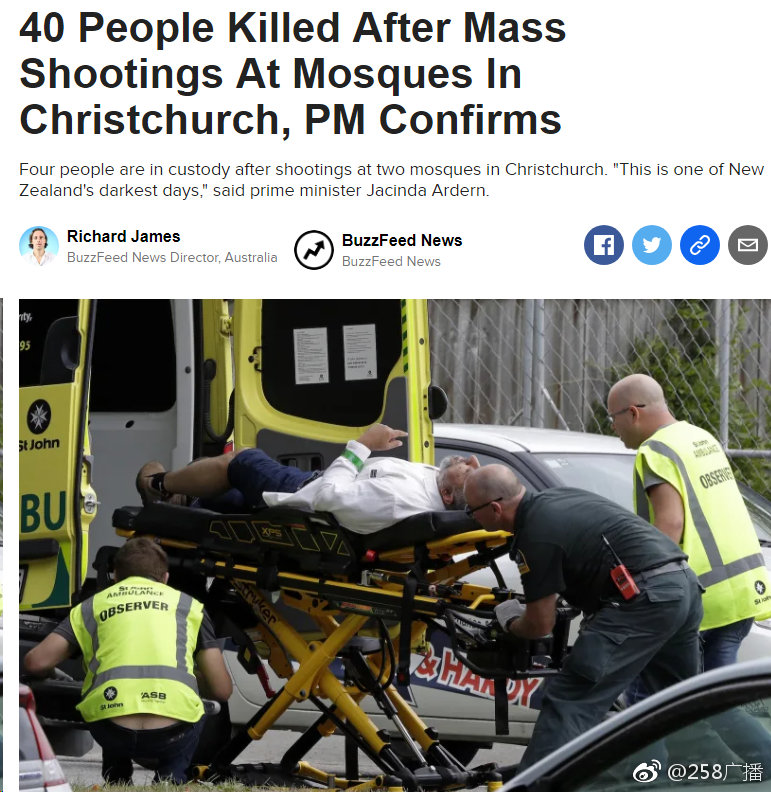 新西兰清真寺枪击案已造成40人死亡新西兰克赖斯特彻奇市两座清真寺遭