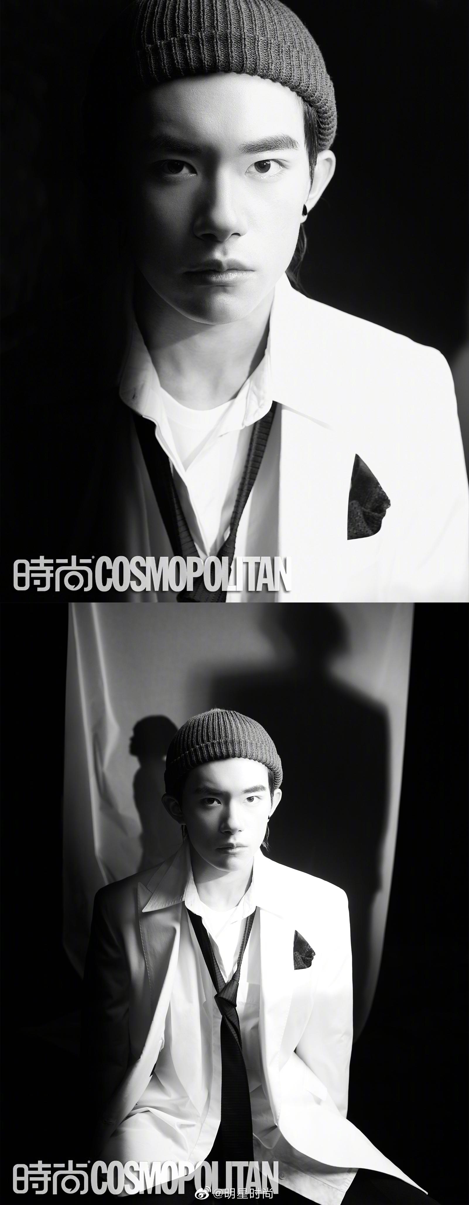 易烊千玺解锁时尚cosmo新封,黑色耳钉搭配针织线帽,元素碰撞