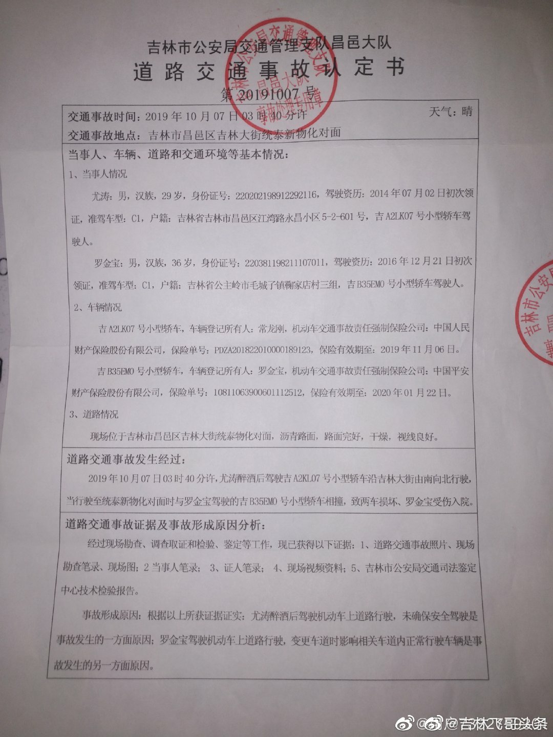 网友质疑吉林市交警支队出具的道路交通事故责任认定书划分责任有误