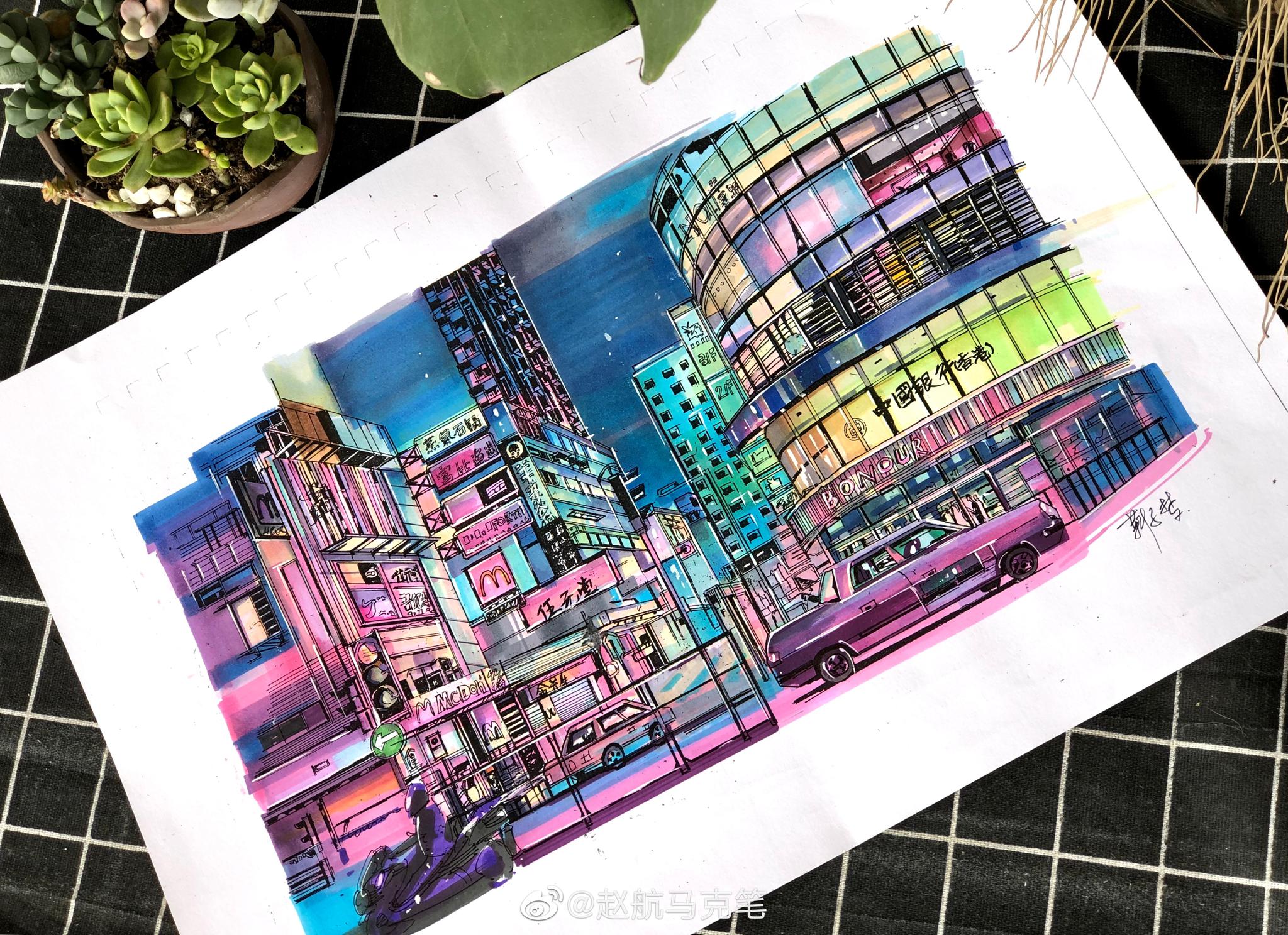 作者赵航马克笔超酷的风景画
