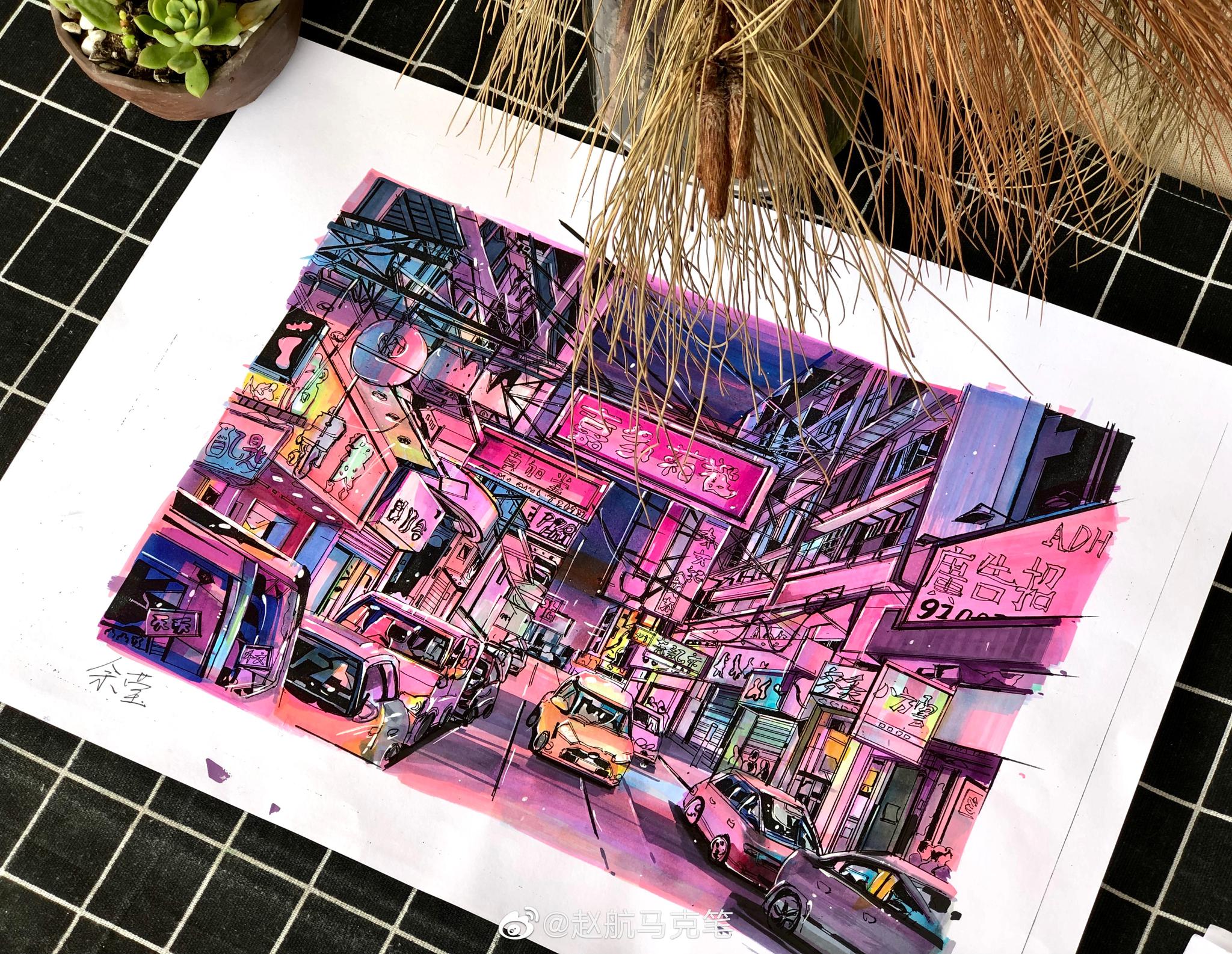 作者赵航马克笔超酷的风景画