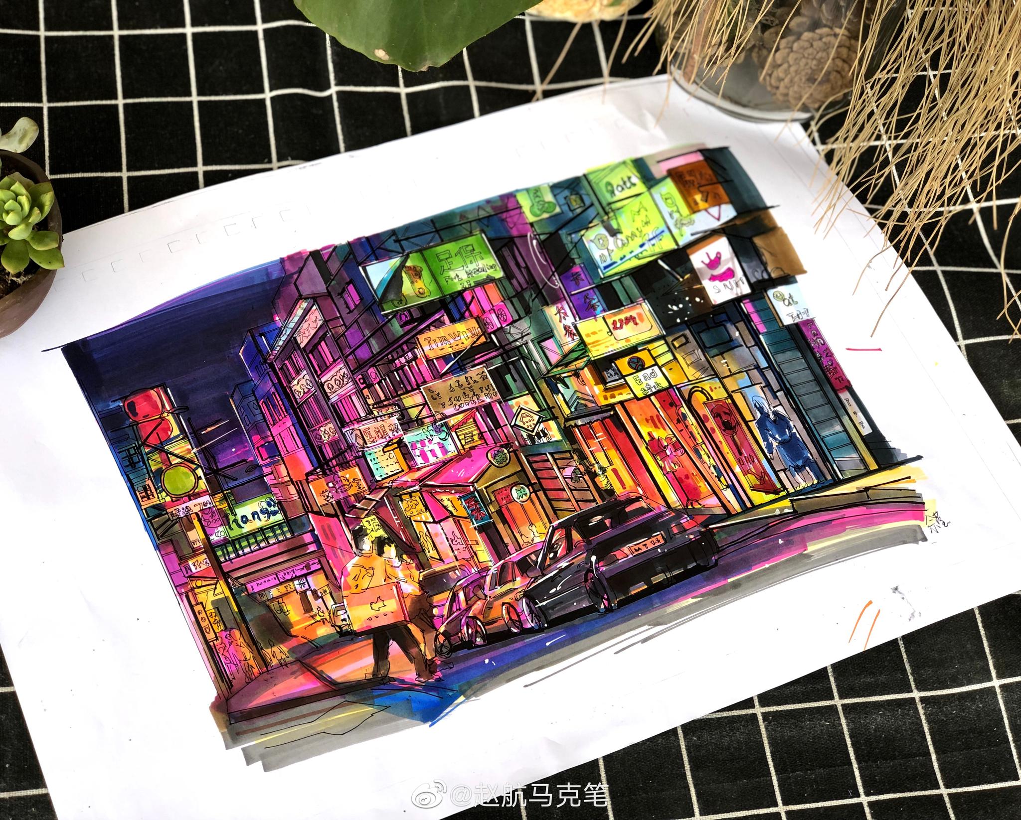 作者赵航马克笔超酷的风景画