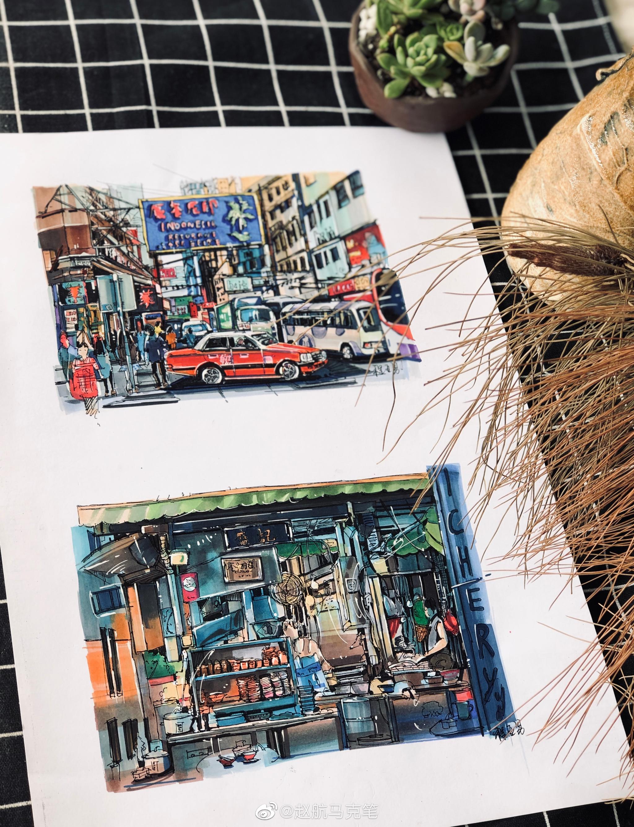 作者赵航马克笔超酷的风景画