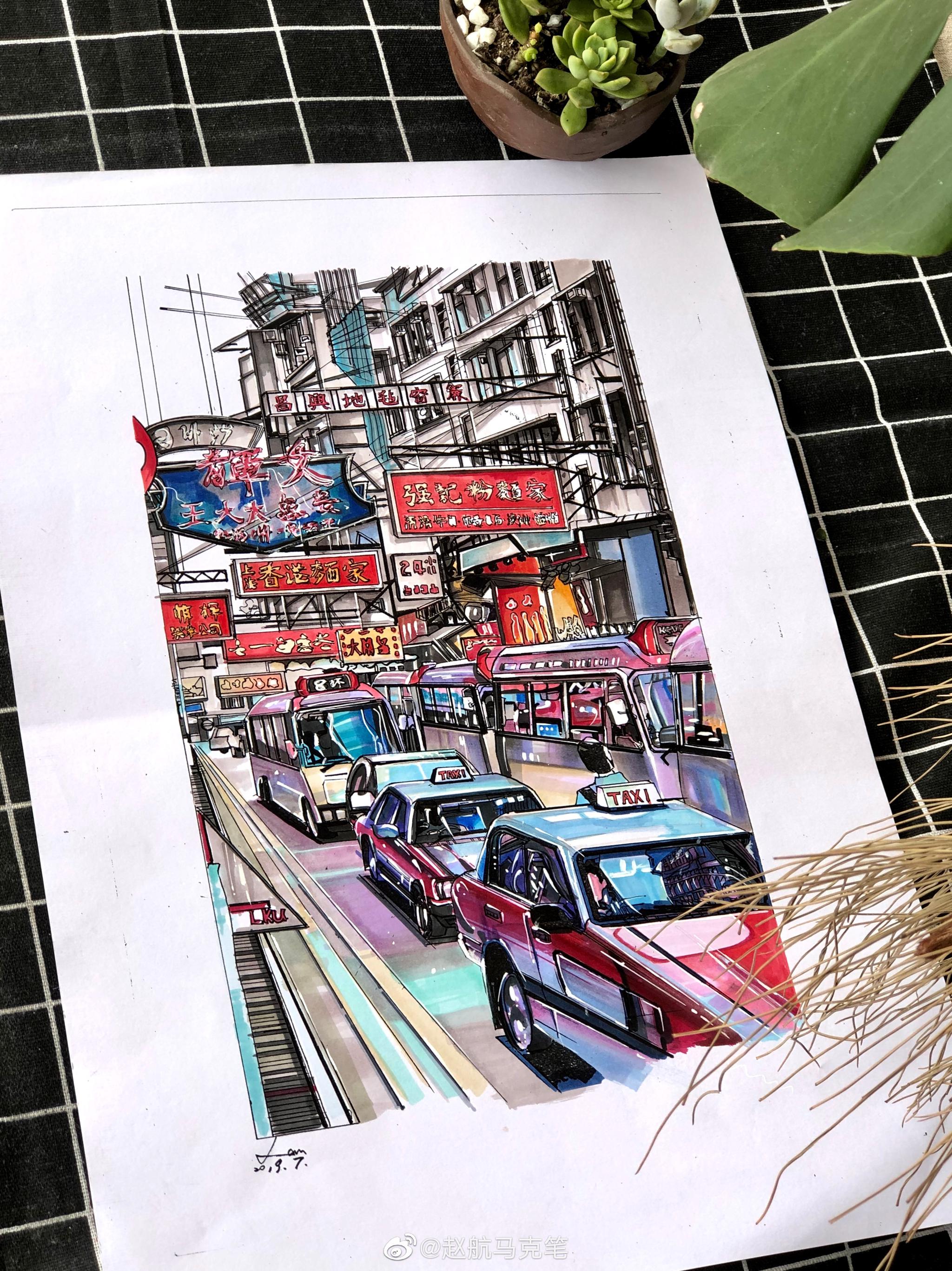 作者赵航马克笔超酷的风景画