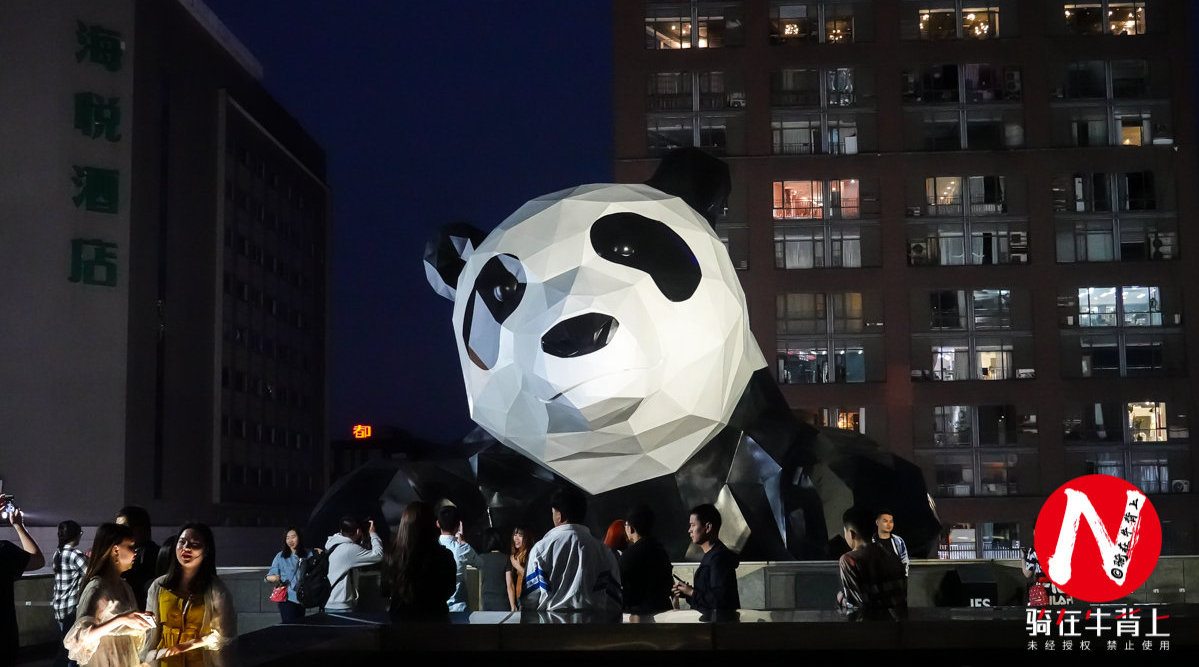 成都晚上最热闹的地方,一只大熊猫趴在墙上,成了游客打卡网红地