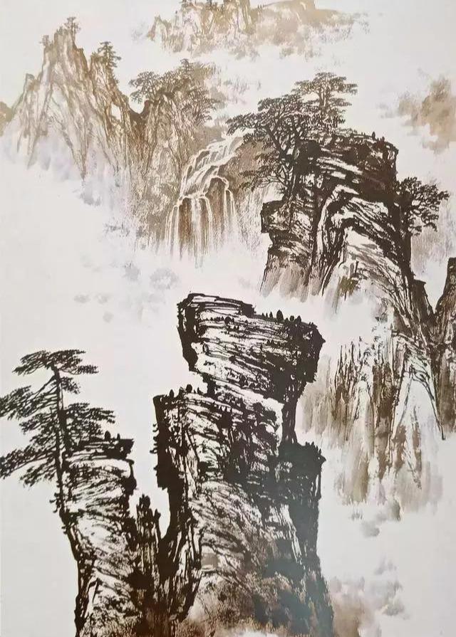 主要以折带皴和马牙皴为主,画时注意山石的形态特征,用石獾笔蘸焦墨画