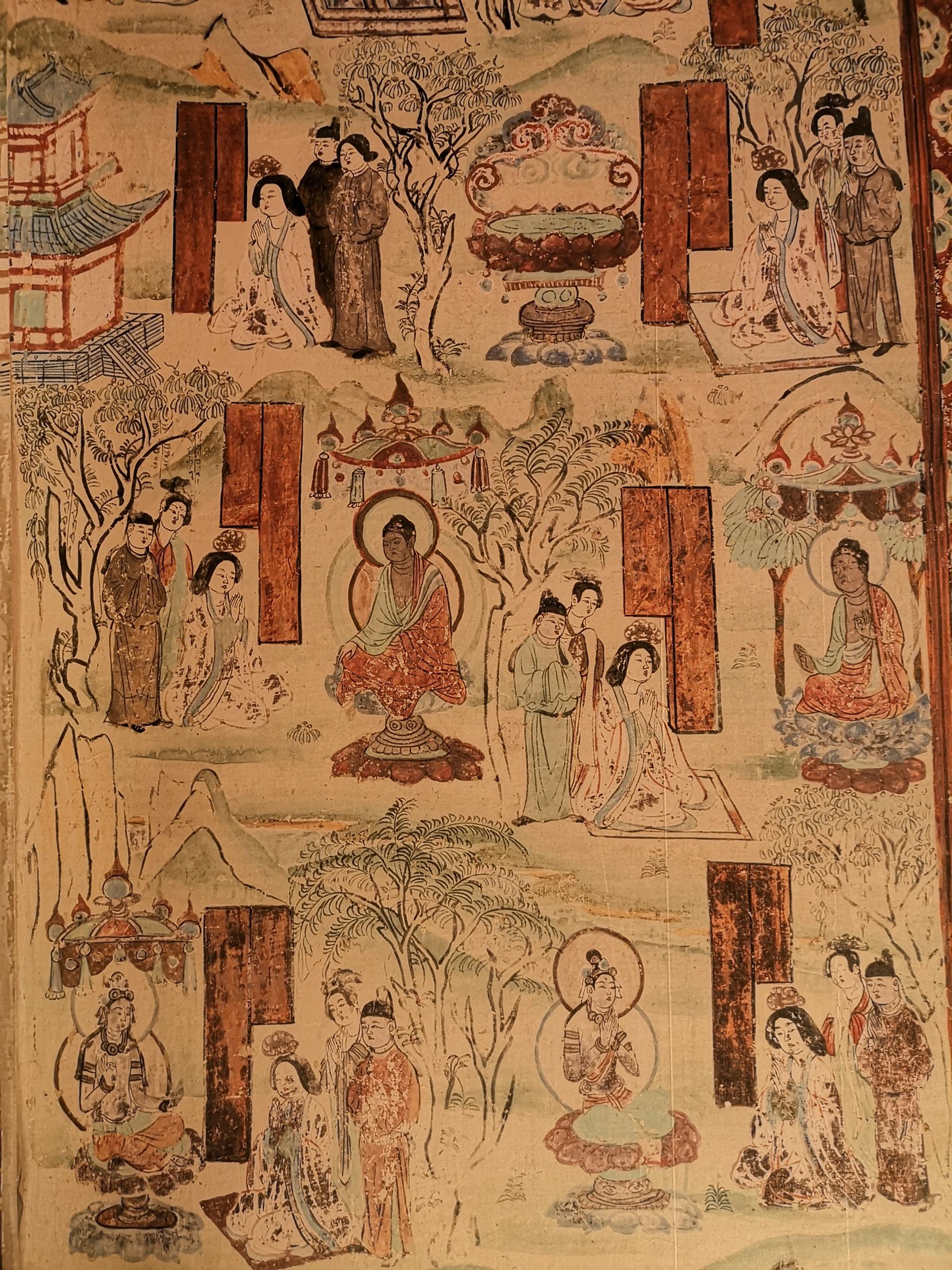 45号窟是莫高窟的特窟,保存了盛唐时期的彩塑和壁画,一铺一佛二弟子二