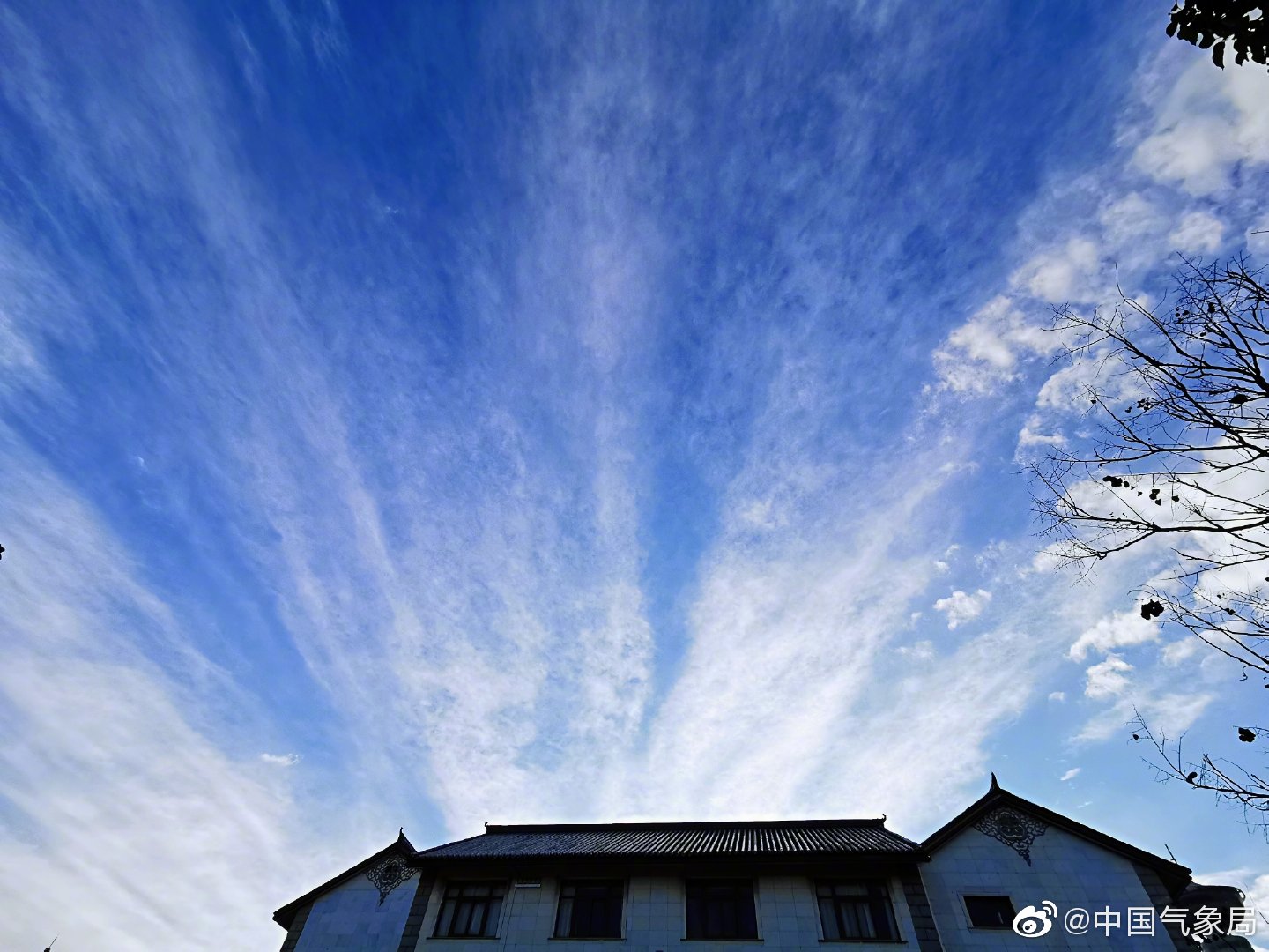 今晨,云像一束束光,向四方探照.这种辐辏状卷云