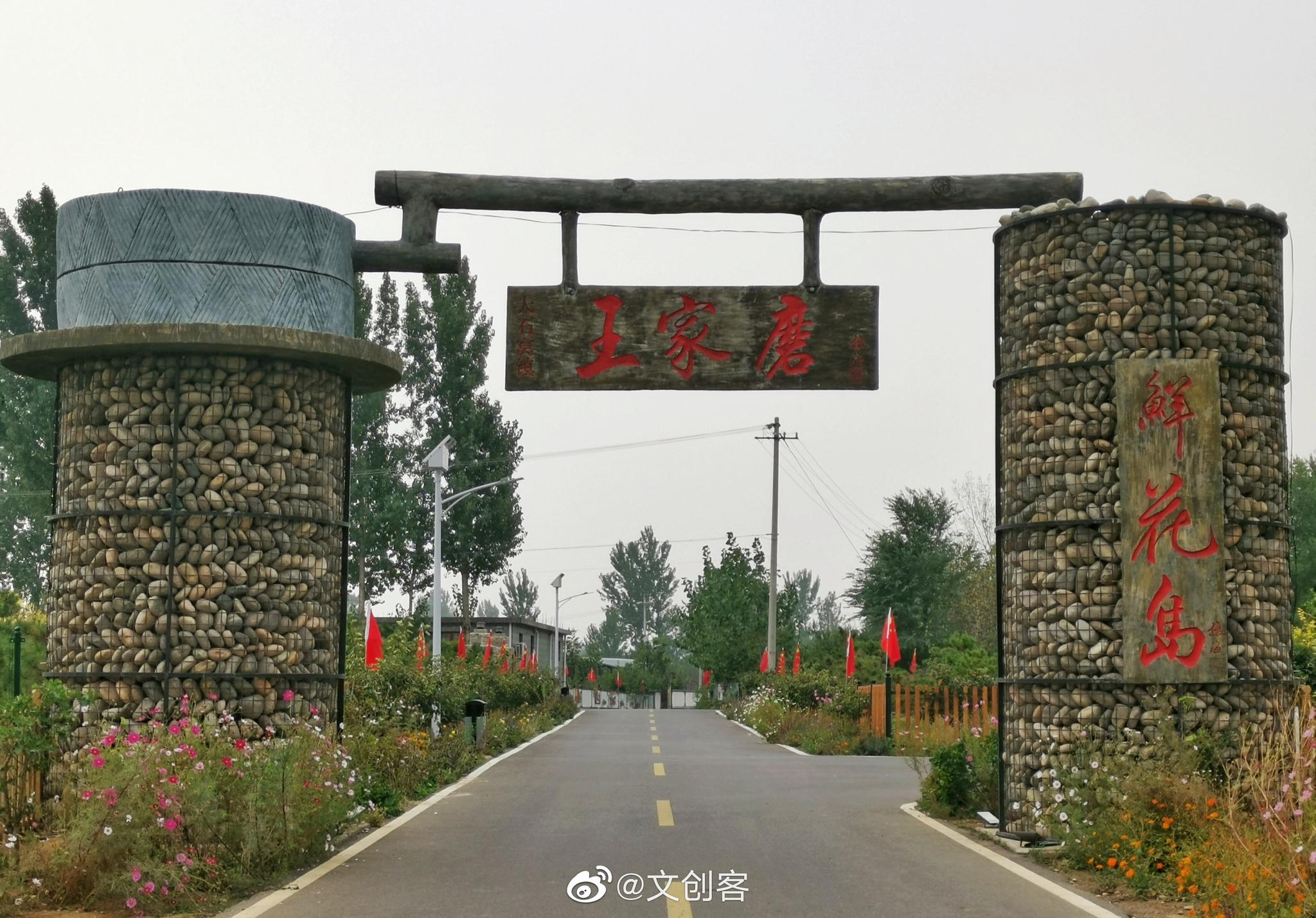 来到北京房山区大石窝镇王家磨村,村口写了"鲜花岛"三个字