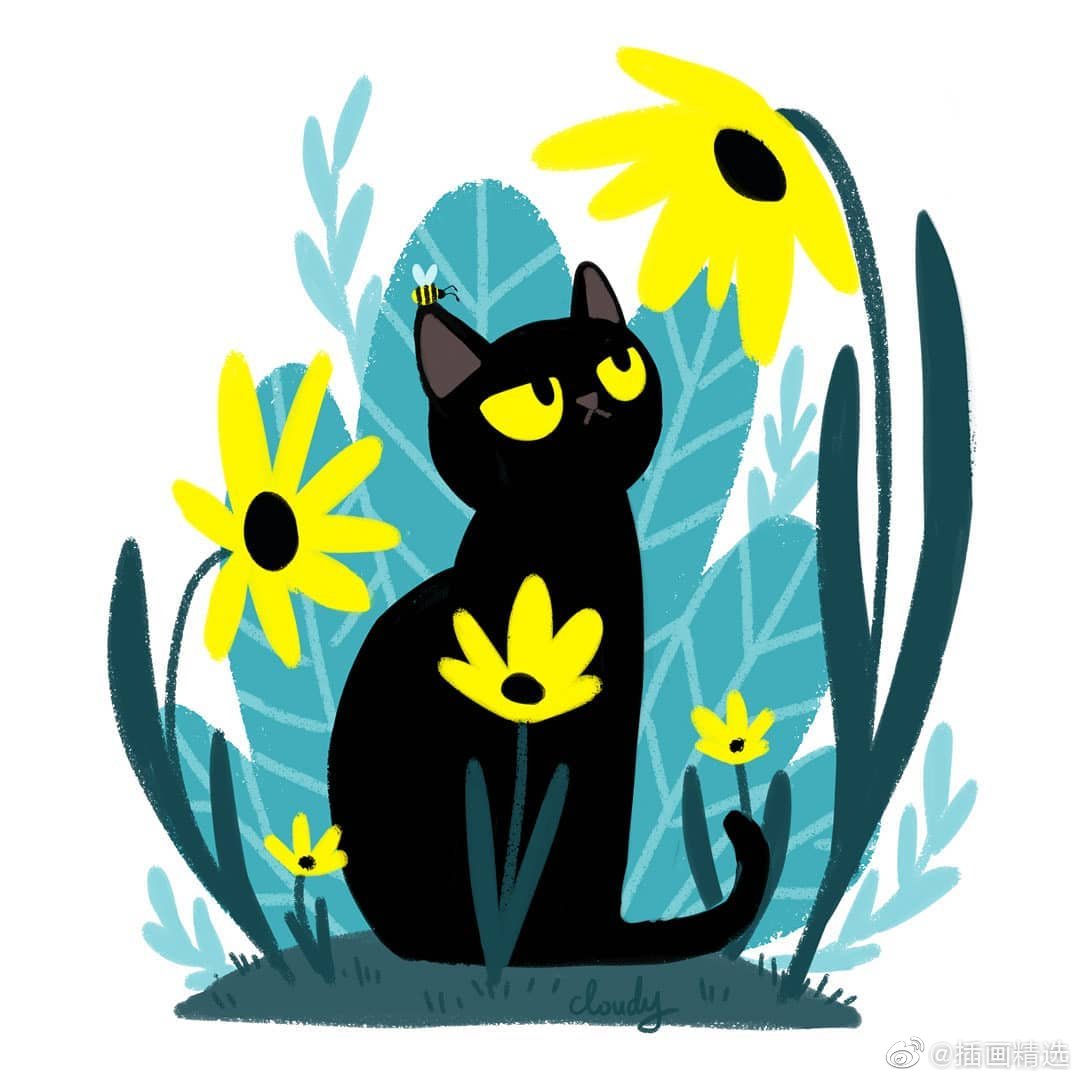 画师hellocloudy笔下的猫咪插画花草丛里的猫咪
