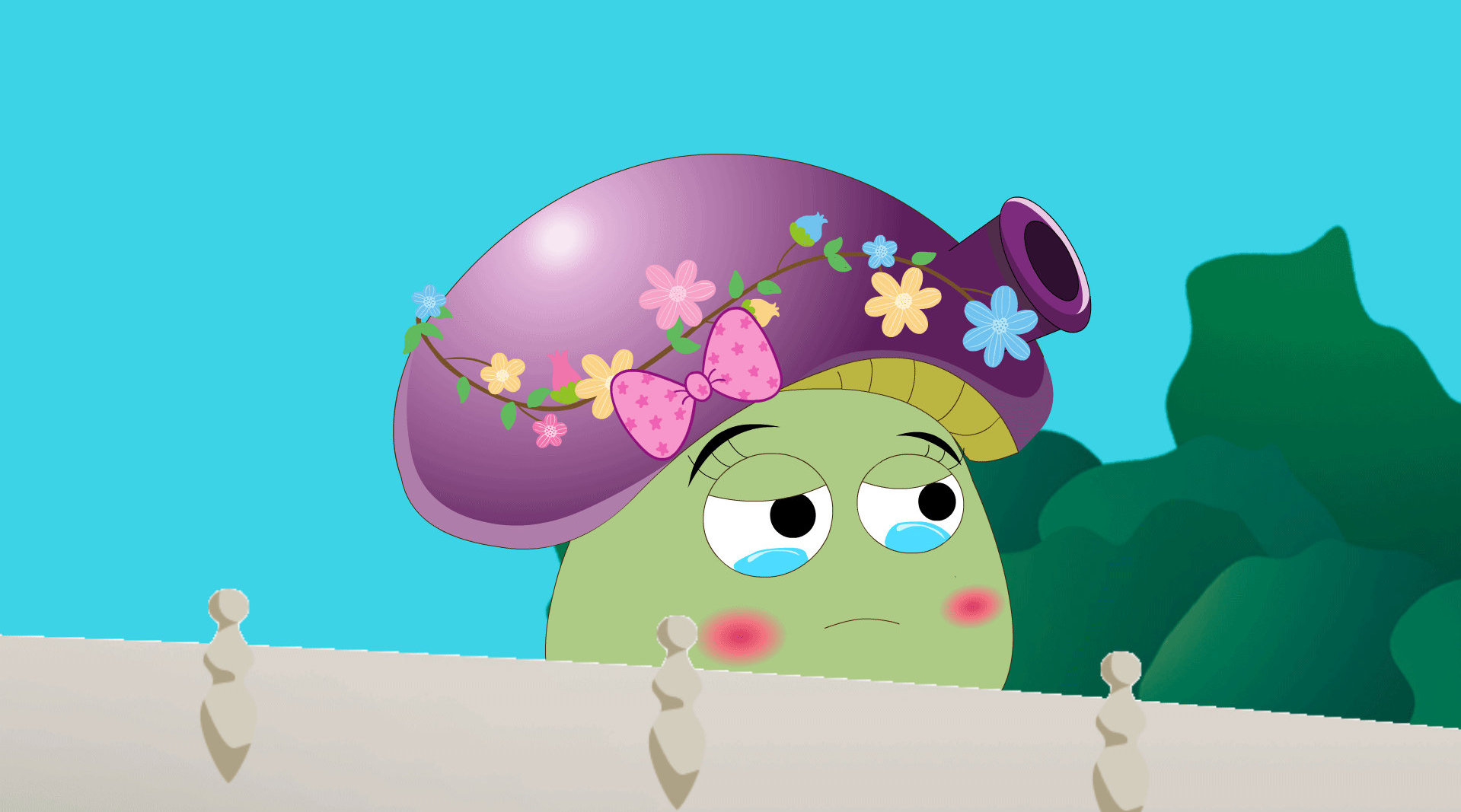 想要跳河轻生的胆小菇妈妈 听到大喷菇的劝慰后改变了想法