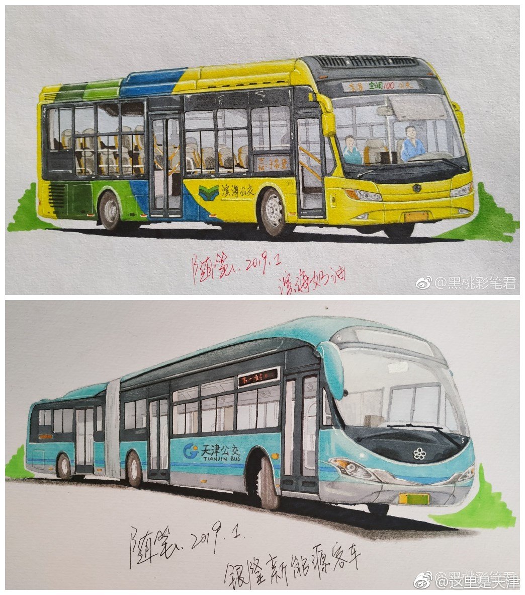 天津网友@黑桃彩笔君 手绘天津各款公交!