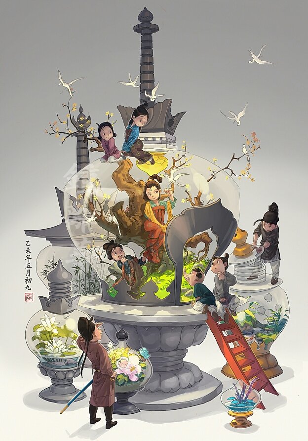 画师钟离华虫笔下的中国风插画每一副作品都有着浓厚国风他的画中