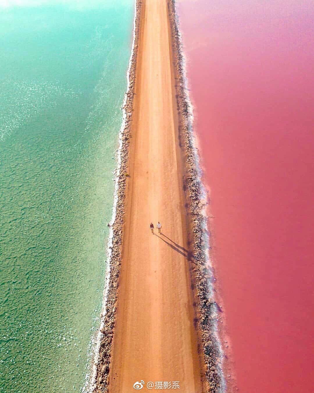 澳洲粉红双色湖，唯美画面同时呈现粉色与薄荷绿